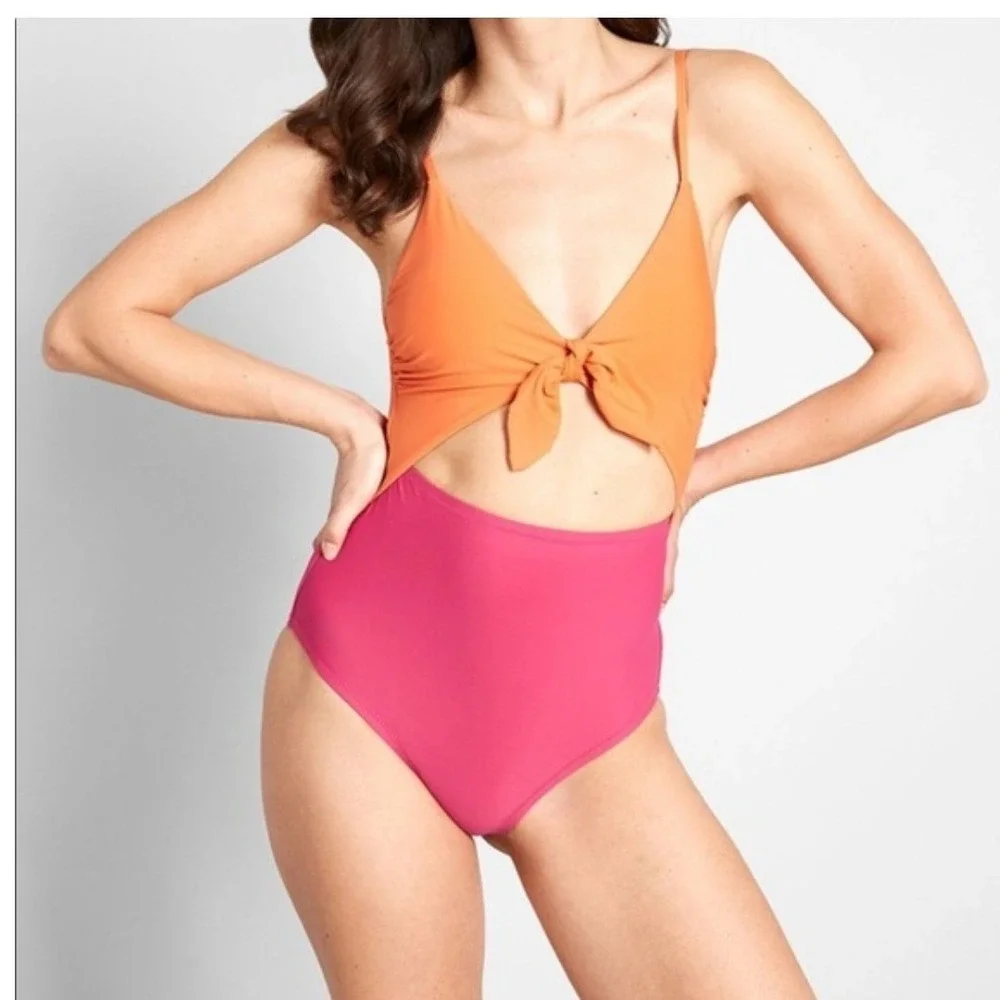ModCloth Women Orange Pink Colorblock Cutout Tie Front Monokini Swimsuit Large - Picture 1 of 5
